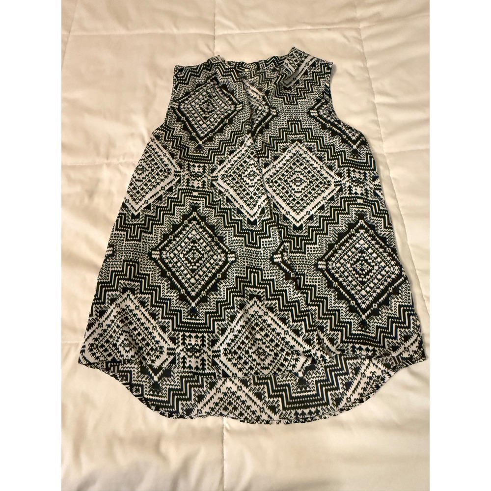 Black White Geometric Tribal Print Sleeveless V-Neck Blouse PF416876MS Large